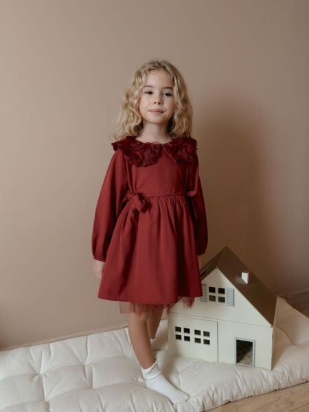 Keten Yakası Güllü Elbise - Bordo