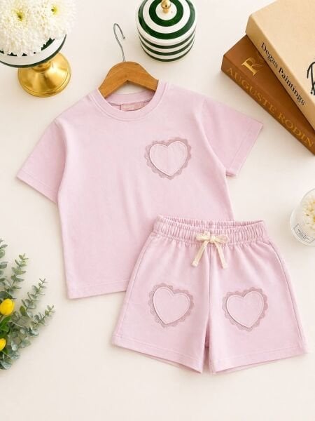 Asarkids Kalp Aplikeli Şortlu 2'li Takım - Pembe