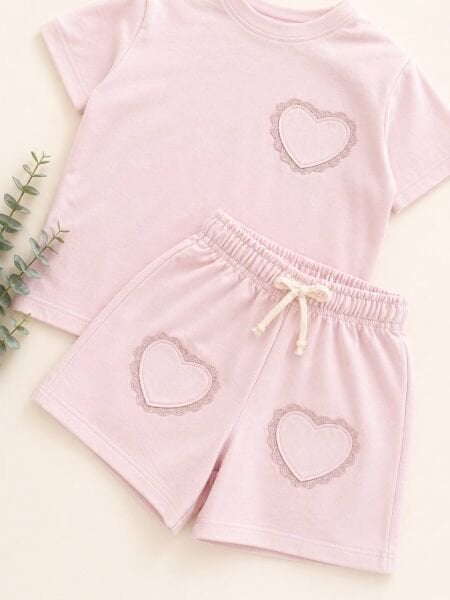 Asarkids Kalp Aplikeli Şortlu 2'li Takım - Pembe