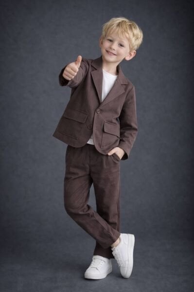 Keten Ceket ve  Pantolon 2'li Set -Kahve