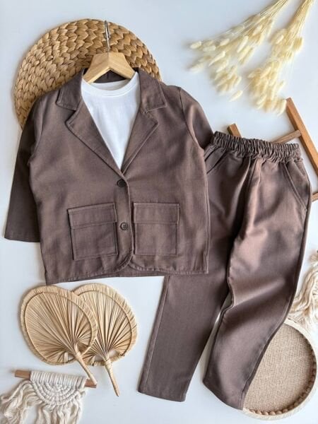 Keten Ceket ve  Pantolon 2'li Set -Kahve