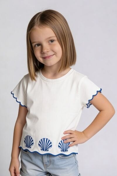 Asarkids Deniz Kabuğu Nakışlı Tişört - Mavi