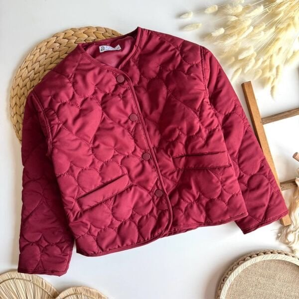 Kapitone Kalp Nakışlı Ceket - Bordo