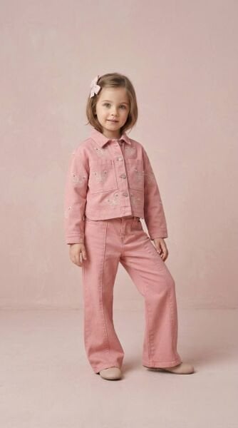 Asarkids Kelebek Nakışlı Denim Ceketli Takım - Pembe