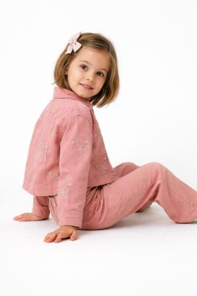 Asarkids Kelebek Nakışlı Denim Ceketli Takım - Pembe