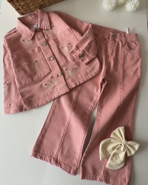 Asarkids Kelebek Nakışlı Denim Ceketli Takım - Pembe