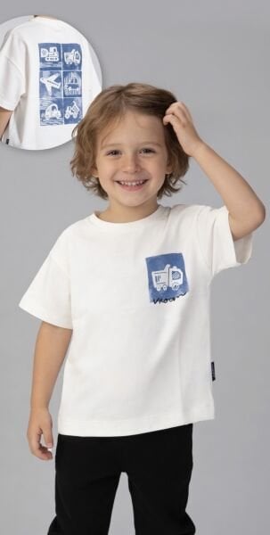 Asarkids Kamyon Baskılı Tişört - Beyaz Mavi