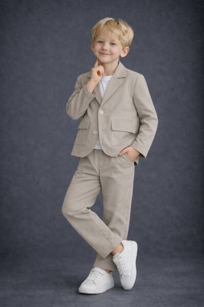 Keten Ceket ve  Pantolon 2'li Set - Bej