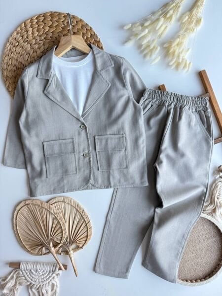 Keten Ceket ve  Pantolon 2'li Set - Bej