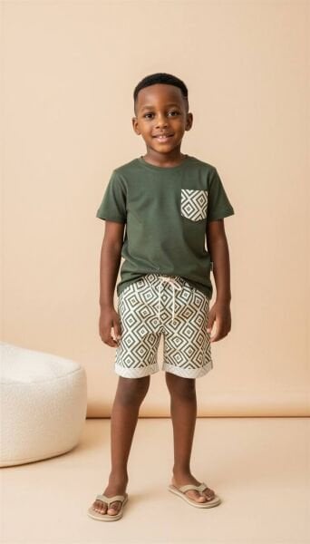 Asarkids Etnik Desenli Şortlu Takım - Yeşil