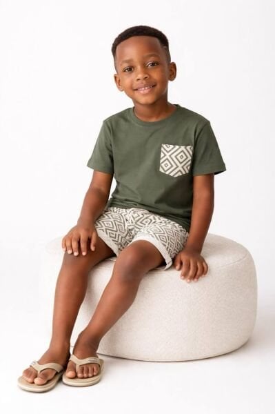 Asarkids Etnik Desenli Şortlu Takım - Yeşil