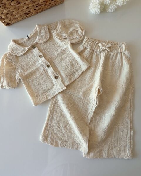 Asarkids Brode Nakışlı Pantolonlu 2'li Takım - Krem