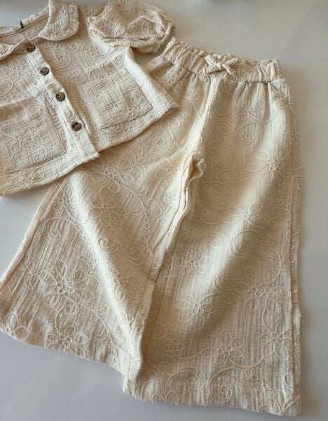 Asarkids Brode Nakışlı Pantolonlu 2'li Takım - Krem