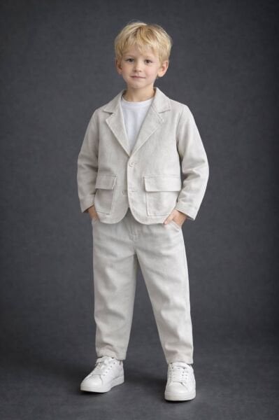 Keten Ceket ve  Pantolon 2'li Set - Krem