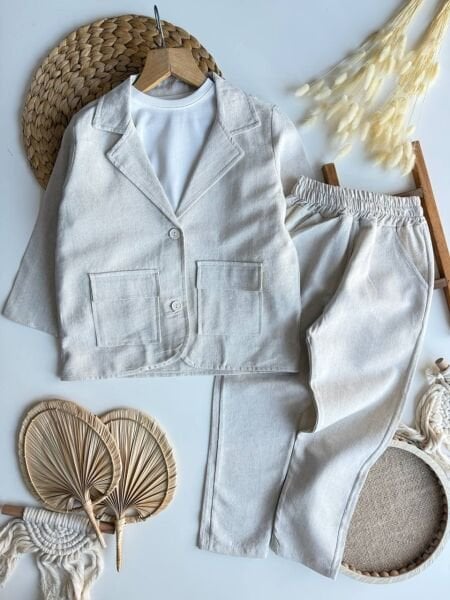 Keten Ceket ve  Pantolon 2'li Set - Krem