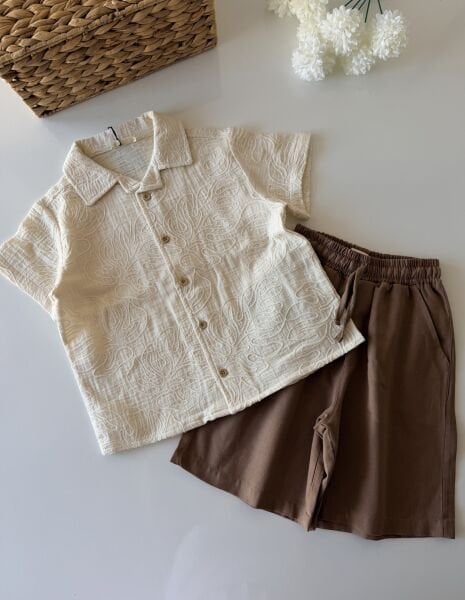 Asarkids Brode Nakışlı Şortlu 2'li Takım - Krem Kahve