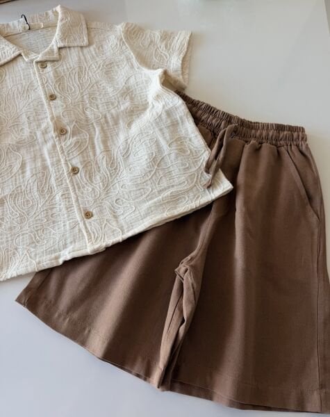 Asarkids Brode Nakışlı Şortlu 2'li Takım - Krem Kahve