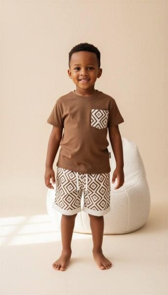 Asarkids Etnik Desenli Şortlu Takım - Kahve
