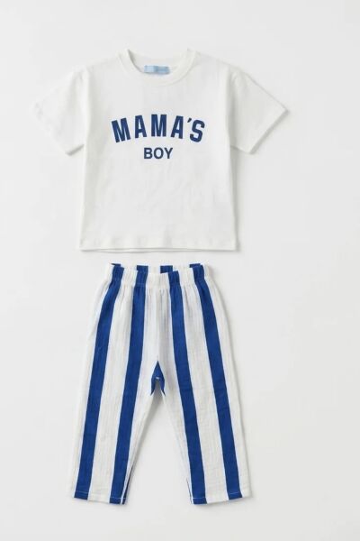 Asarkids La'ciel Paris Mama's Boy Sloganlı Müslin Çizgili 2'li Takım - Beyaz Mavi