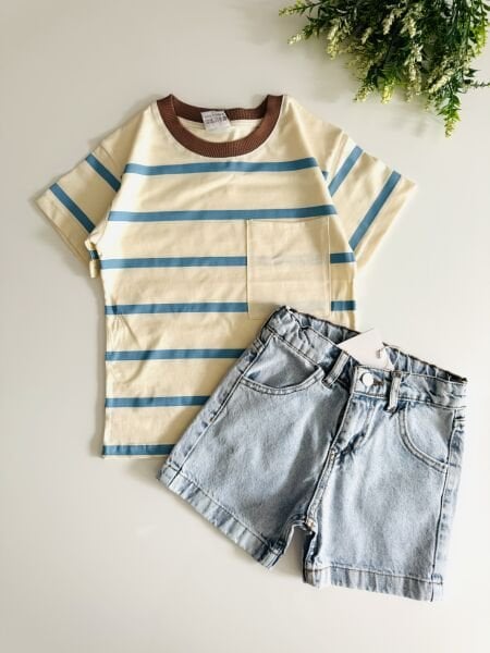 Çizgili Asaf Kot Takım - Krem Mavi