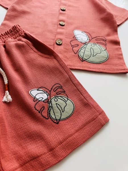 Efe Yaprak Desenli Bohemian Tarz Şortlu Takım - Kiremit