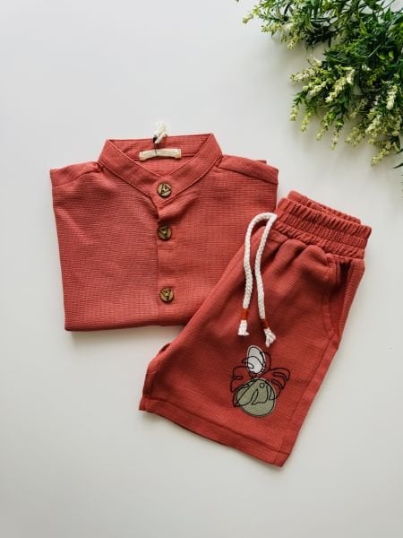 Efe Yaprak Desenli Bohemian Tarz Şortlu Takım - Kiremit