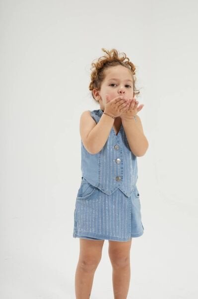 Taşlı Şort Etekli Duru Takım - Mavi