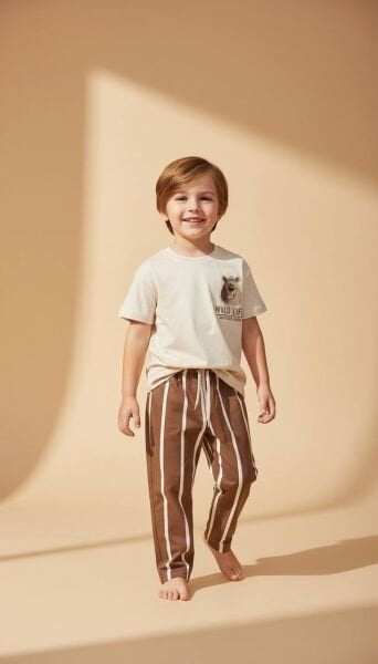 Asarkids Ayıcık Baskılı Çizgili Takım - Kahve