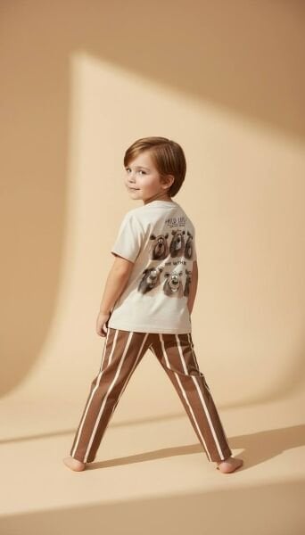 Asarkids Ayıcık Baskılı Çizgili Takım - Kahve