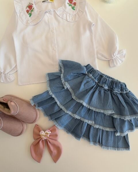 Yakası Nakışlı Fırfır Etekli Denim Takım - Mavi