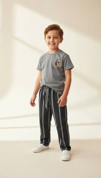 Asarkids Ayıcık Baskılı Çizgili Takım - Füme