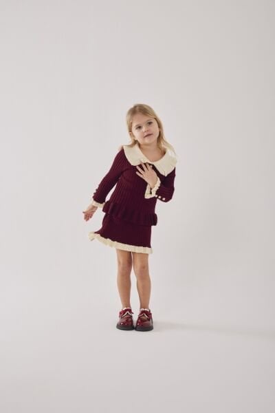 Fırfır Detaylı Triko 3'lü Takım - Bordo