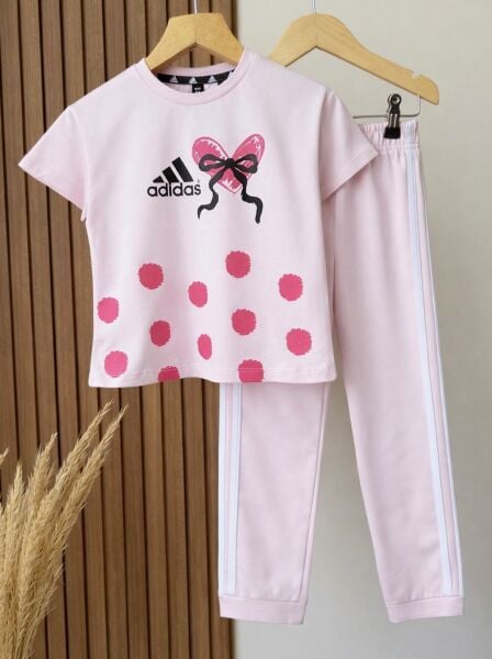 Asarkids 3 Çizgili Puantiyeli Tişört Eşofman 2'li Takım - Pembe