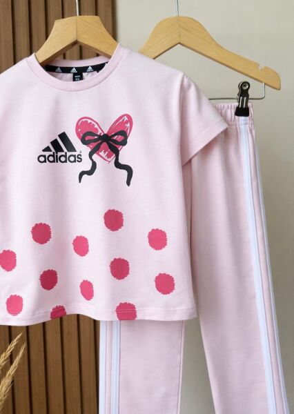 Asarkids 3 Çizgili Puantiyeli Tişört Eşofman 2'li Takım - Pembe