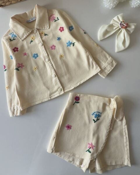 Asarkids Çiçek Nakışlı Şort Etekli Ceketli Takım - Krem