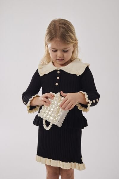 Fırfır Detaylı Triko 3'lü Takım - Siyah