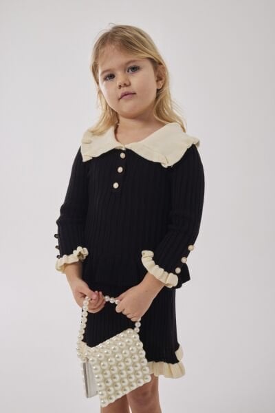 Fırfır Detaylı Triko 3'lü Takım - Siyah