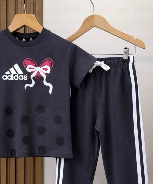 Asarkids 3 Çizgili Puantiyeli Tişört Eşofman 2'li Takım - Füme