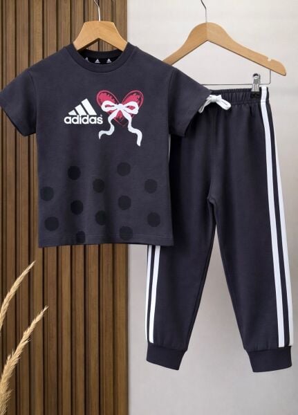 Asarkids 3 Çizgili Puantiyeli Tişört Eşofman 2'li Takım - Füme