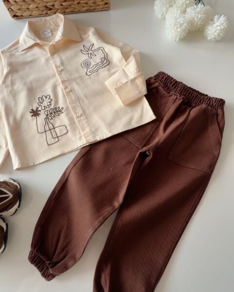 Asarkids Nakış Detaylı Bohem Takım - Krem Kahve