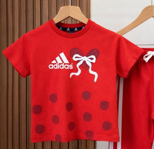 Asarkids 3 Çizgili Puantiyeli Tişört Eşofman 2'li Takım - Kırmızı