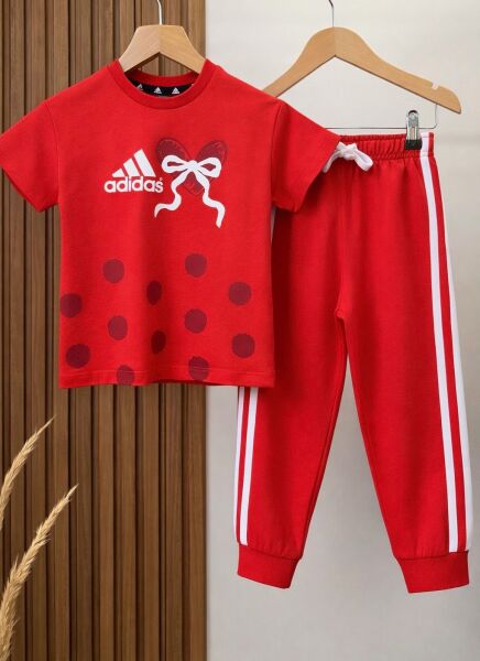 Asarkids 3 Çizgili Puantiyeli Tişört Eşofman 2'li Takım - Kırmızı