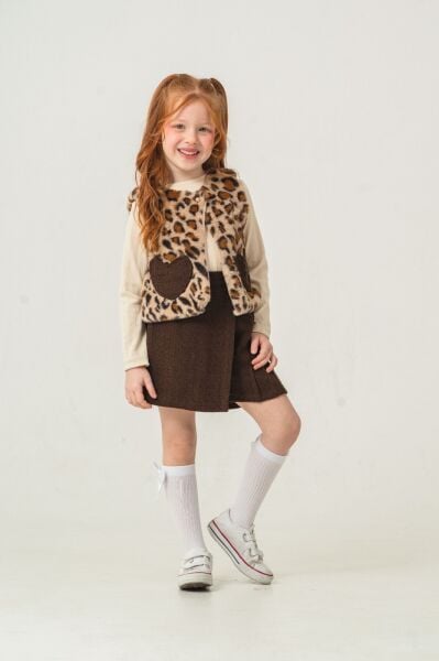 Peluş Leopar Desenli Yelekli Set - Kahve