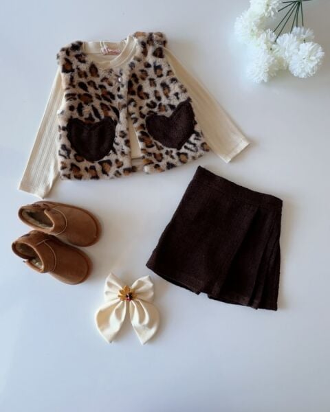 Peluş Leopar Desenli Yelekli Set - Kahve