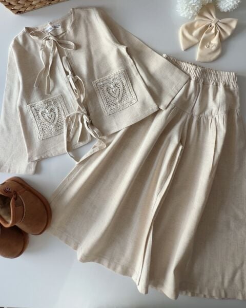 Asarkids Boncuk İşleme Nakış Detaylı Bohem Pantolon Takım - Krem