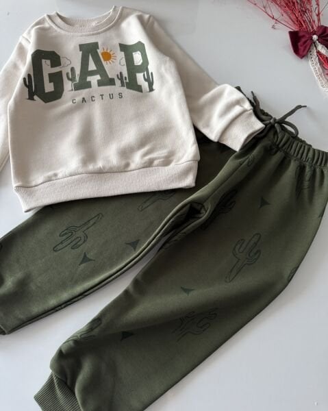 Logolu Kaktüs Baskılı Takım - Yeşil Krem