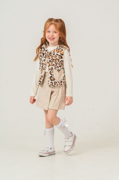 Peluş Leopar Desenli Yelekli Set - Bej