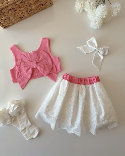 Asarkids Fiyonklu Fisto Astarlı Etek 2'li Takım - Koyu Pembe