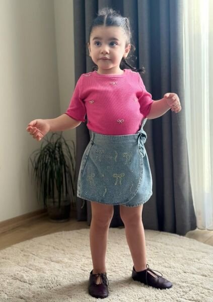 Denim Şort Etekli Taşlı Duru Takım - Pembe