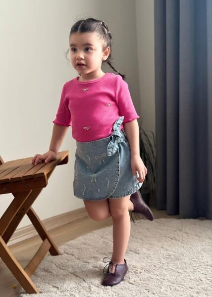 Denim Şort Etekli Taşlı Duru Takım - Pembe